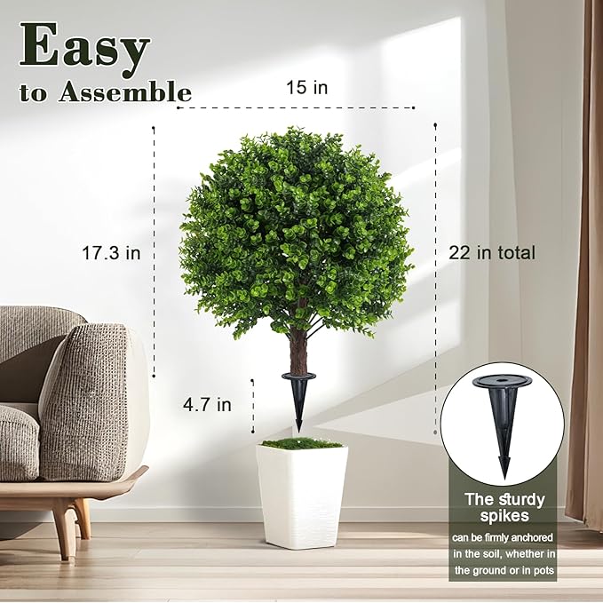 Artificial Boxwood Topiary Outdoor Plants with Spike, 2 Pack Faux Bushes UV Resistant Fake Shrubs for Front Porch Décor-Ruum Studio Home