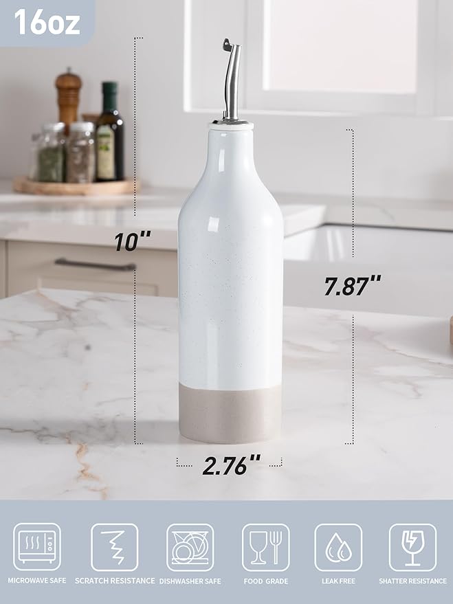 famiware Milkyway 16oz Ceramic Olive Oil Dispenser Bottle, 1 Piece Oil Dispenser for Kitchen with Stainless Steel Pourers, Suitable for Storage Vinegar, Soy Sauce, Coffee Syrup, Liquids, Light Gray-Ruum Studio Home