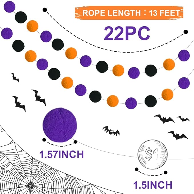 TBD Decor 2pk Halloween Decorations Pom Pom Garland,13FT Colorful Large Felt Ball Garland,Cute Hanging Halloween Party Decorations for Mantle,Indoor Birthday Party Supplies-Ruum Studio Home