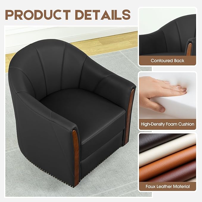 360° Swivel Accent Chair, Modern Leather Barrel Club Chair with PU Leather Upholstery and Sturdy Wood Base, Comfortable Armchair for Living Room, Bedroom, Reading Nook, Black-Ruum Studio Home