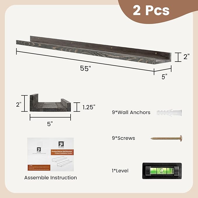 Picture Ledge Shelf, Floating Shelves Set of 2, Solid Pine Wood 55'' Long Large Nursery Book Shelves for Toys Storage, Kids Bookshelf for Living Room Bedroom Decor Books Photo Frames, Grey-Ruum Studio Home