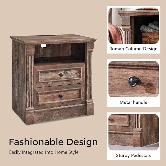 26" Tall Farmhouse Nightstand Set of 2, 2 Drawers End Table w/Charging Station, 23.6" Wide Large Side Table w/Roman Column, Wood Rustic Sofa Table w/Open Shelf, Bedside Table for Bedroom, Light Brown-Ruum Studio Home