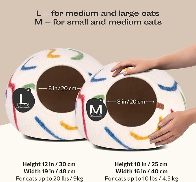 MEOWFIA Cat Cave – Premium Felt Cat Bed for Indoor Cats, Handmade 100% Merino Wool (Large, Ivory Rainbow)-Ruum Studio Home