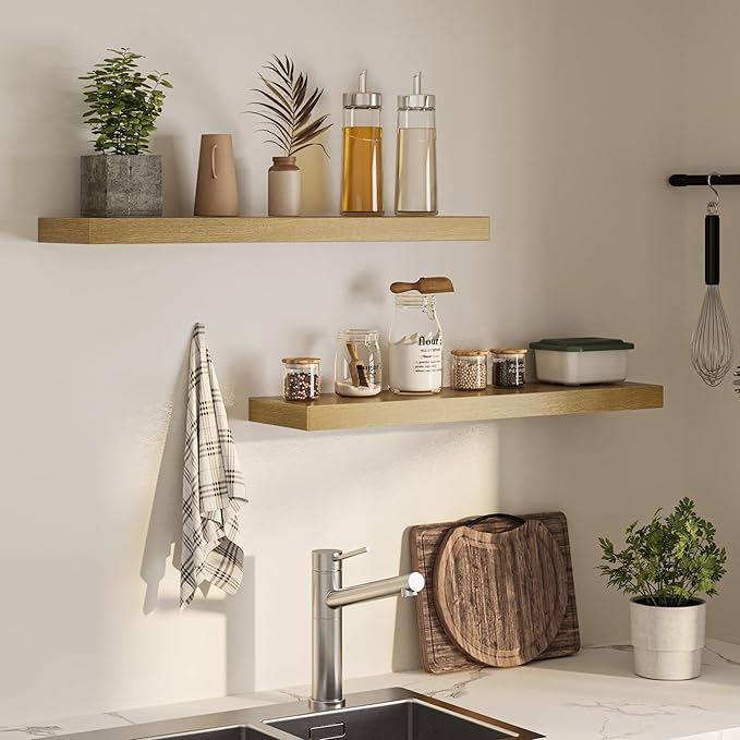 Floating Shelves for Wall, 36" W x 8" D x 1.5" H, Wooden Wall Mounted Display Shelves with Invisible Brackets for Living Room, Bedroom, Bathroom, Kitchen Decor and Storage, Set of 2, Oak-Ruum Studio Home