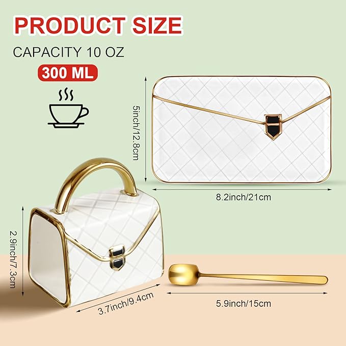 Zubebe 1 Set Coffee Mug Elegant Handbag Shaped Cup Modern Ceramic Purse Mug with Spoon and Saucer, 10oz Cute Creative Tea Cup for Office Home Woman Girls Gift (White)-Ruum Studio Home