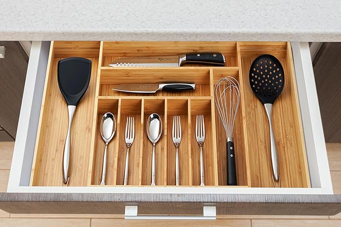 Umilife Extra Large Expandable Kitchen Siverware Utensils Drawer Organizer, 19" Deep for Big Drawer, Adjustable Bamboo Wood Drawer Divider with Curved Grooves, Cutlery Tray Flatware Holder-Ruum Studio Home