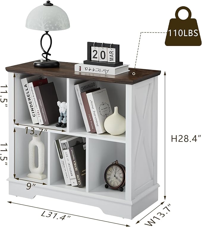 Farmhouse 5 Cube Bookshelf, White Storage Organizer Bookcase, Kids Toy Storage Cabinet, Small Bookshelves Storage Organizer Shelf, Wood Display Cabinet Book Shelves for Bedroom,Living Room,Office-Ruum Studio Home
