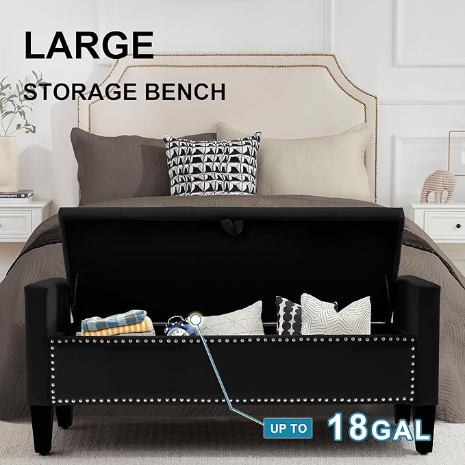 Storage Ottoman Bench, Velvet Upholstered Footstool for Bedroom and Living Room, Tufted Seat with Storage, Wooden Legs & Metal Rivets, Black-Ruum Studio Home