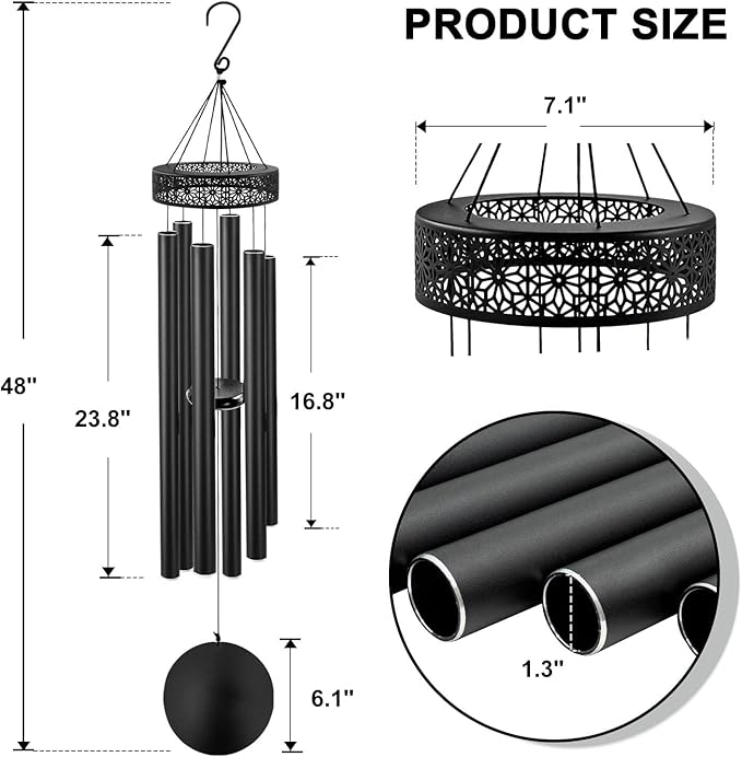 ASTARIN 48'' Wind Chimes for Outside Deep Tone - Large Windchimes with 6 Heavy Tubes, Outdoor Memorial Chimes Outdoor for Garden Hanging Décor,Sympathy Gifts，Black-Ruum Studio Home