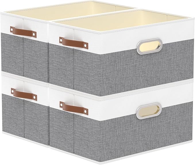 Yawinhe Foldable Storage Baskets for Shelves, Fabric Closet Organizers, Bins with 3 Handles, Cubes for Clothes, White/Grey, 15''Lx9.8''Wx8.3''H, 4-Pack-Ruum Studio Home