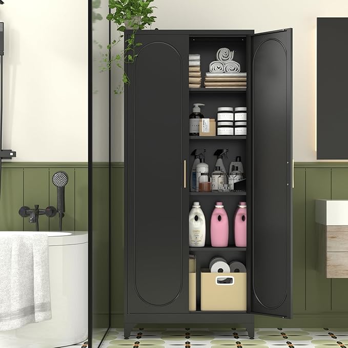 Pantry Cabinet, 75 Inch Tall Kitchen Storage Cabinet, Metal Pantry Cabinets with Doors and Adjustable Shelves, Black Freestanding Food Cupboard for Living, Dinning Room-Assembly Required-Ruum Studio Home