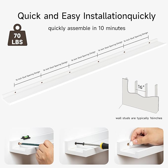 Floating Picture Ledge Shelves for Wall Set of 2, 95 Inches Picture Ledge Shelf with Long Large Nursery Book Shelf for Toys Storage Kids Bookshelf Wall Mounted Living Room Bedroom Decor Frames, White-Ruum Studio Home