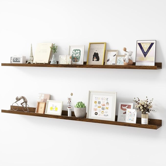 Picture Ledge Shelf, Wood Long Floating Shelves for Wall, Set of 2, 56 inch Picture Ledge Shelves, Photo Ledge Nursery Book Shelves Wall Mounted for Living Room Kids' Room Bedroom, Color Walnut-Ruum Studio Home