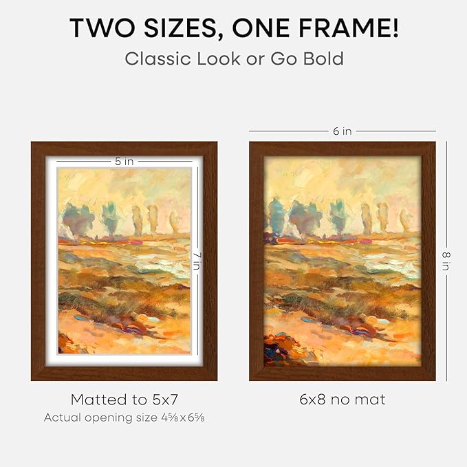 Homeforia 6x8 Picture Frame Brown Wood, High End Dark Oak 6x8 Walnut Wooden Frames with Mat 5x7 Photo, 6 x 8 Frame Matted to 5 x 7 Print, 8x6 Wall or Tabletop Frame, Tempered Glass, Wall Kit, Set of 1-Ruum Studio Home