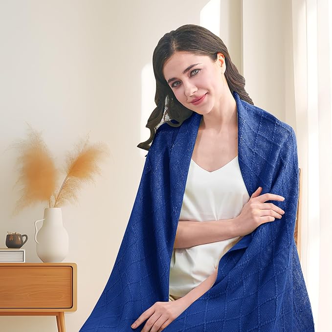 inhand Knit Klein Blue Throw Blanket for Couch, Soft Living Room Home Decor Knitted Twin Size Blanket, Outdoor Lightweight Breathable Summer Blanket, Farmhouse Warm Woven Decorative, 60"x80"-Ruum Studio Home