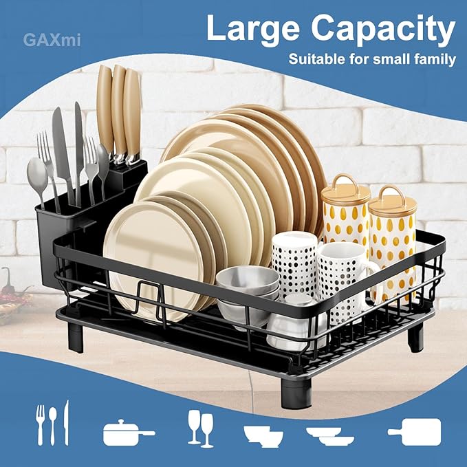 GAXmi Dish Drying Rack Over The Sink Drainer with Drainboard Utensil Holder, 1-Tier Black-Ruum Studio Home