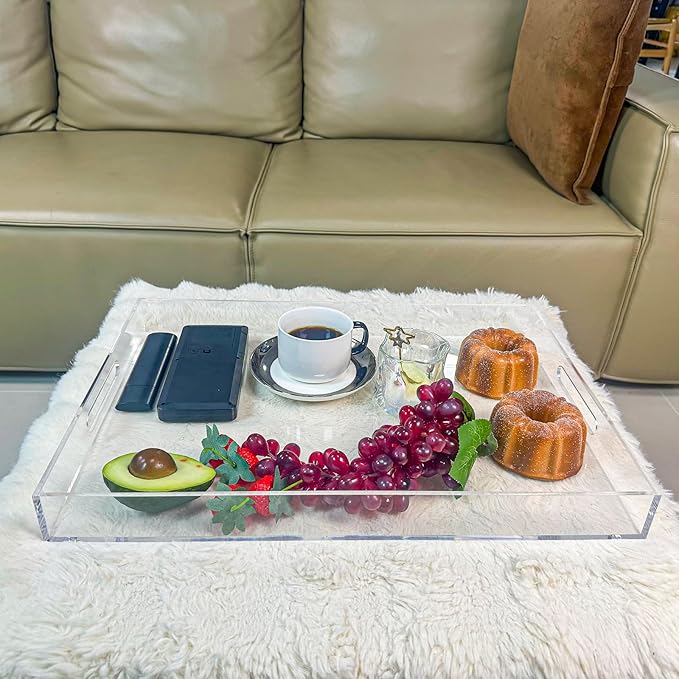 Clear Rectangular 14x20 Inches Acrylic Ottoman Tray Decorative Serving Tray with Cutout Handles Organizer Tray on Coffee Table Countertop Big Breakfast Bed Tray Living Room Appetizer Serving Food-Ruum Studio Home
