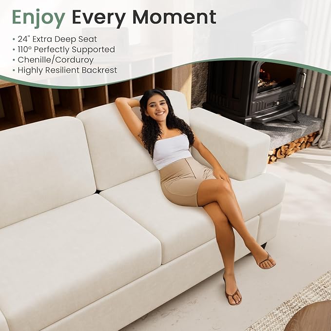 Sofa, 63” Comfy Loveseat Sofa Couch with Deep Seats, Couch for Living Room, Modern Sleeper Sofa, Beige Chenille-Ruum Studio Home