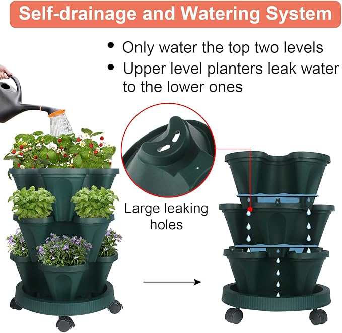 Vertical Planter 3 Tier Stackable Planters Garden Planters Strawberry Herb Flower and Vegetable Planter Indoor Outdoor Gardening Pots with Removable Wheels and Tools-Ruum Studio Home