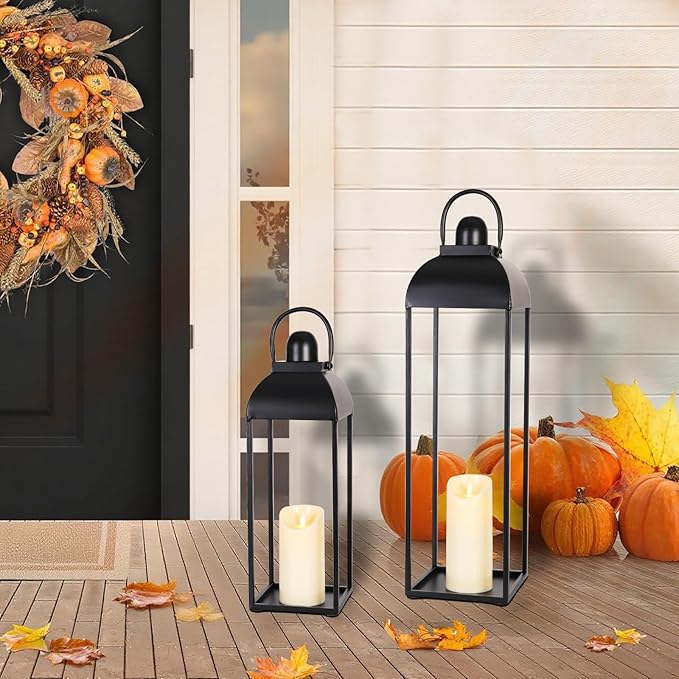 25'' 19'' Lanterns Decorative Outdoor Indoor, Black Metal Outdoor Candle Lanterns, Set of 2 Modern Farmhouse Decorative Lantern for Fireplace, Patio, Porch, Floor, Halloween Lantern (No Glass)-Ruum Studio Home
