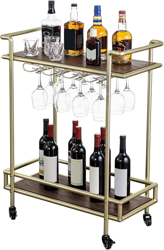 MyGift 2 Tier Rolling Bar Cart, Vintage Brass Tone Metal Cocktail and Wine Trolley with Burnt Wood Shelf Trays, Wine Glass Stemware Holder Rack and Lockable Wheels-Ruum Studio Home