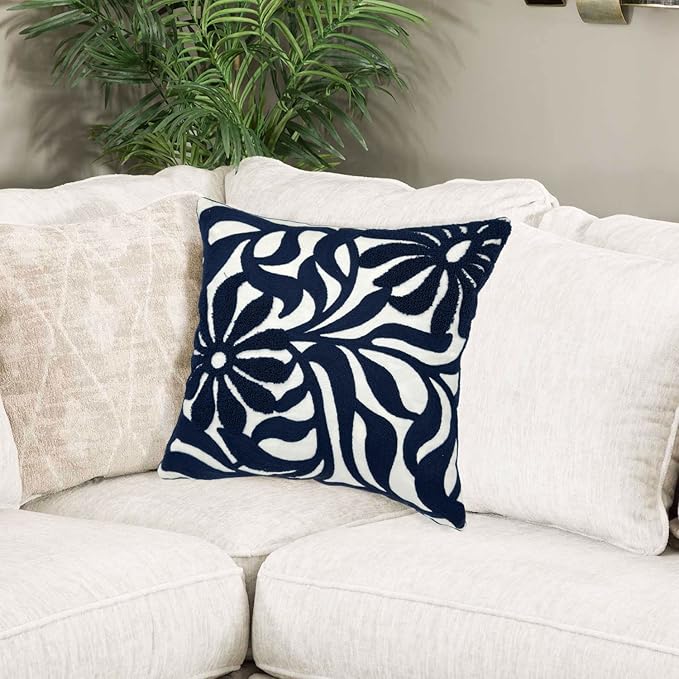 Alysheer Farmhouse Floral Leaves Embroidered Decorative Throw Pillow Cover 18x18 inches, Boho Tufted Flowers Embroidery Pattern Chic Cotton Cushion Case for Couch Bed Sofa Living Room(Navy Blue)-Ruum Studio Home