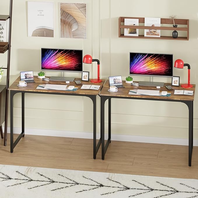 PayLessHere | 39 Inch Computer Desk | Brown | Office Desk with Metal Frame, Adjustable Feet | Water-Resistant, Scratchproof Surface | Sturdy Writing Table for Home Office or Study | Pack of 2-Ruum Studio Home