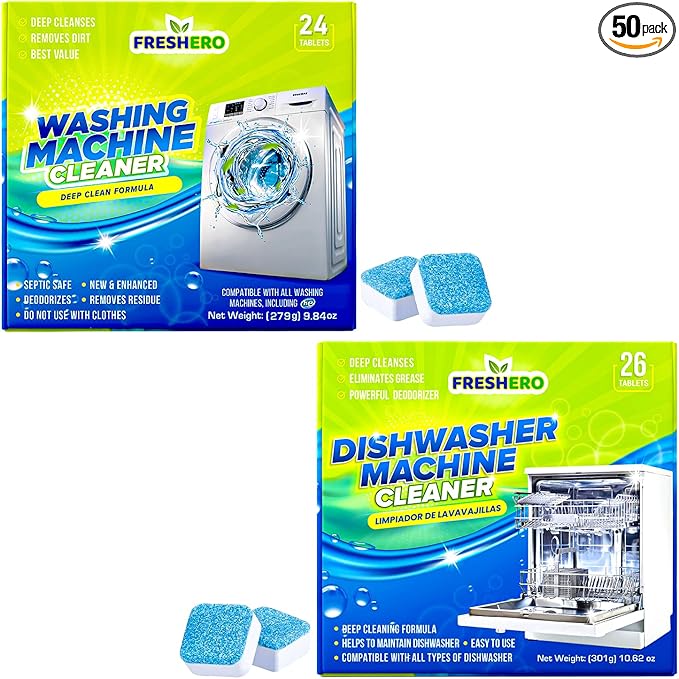 Washing Machine & Dishwasher Cleaner Tablets, 50 Count, Unscented, Compatible with Front/Top Loader & HE Washers, Removes Residue, Stains, Grime & Limescale, 12-Month Supply-Ruum Studio Home