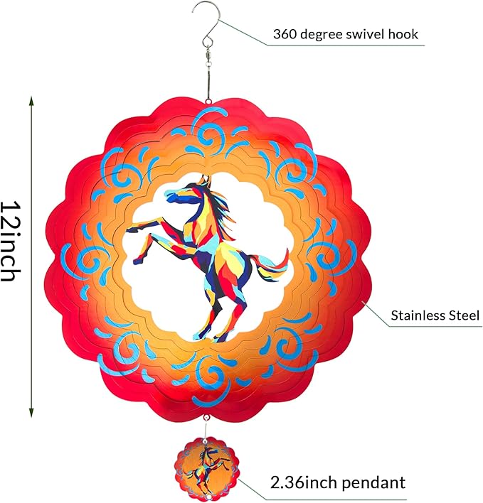 12 inch Horse 3D Stainless Steel Wind Spinners, Hanging Garden Spinner Kinetic Art Garden Decorations, Reflective Wind Sculpture for Indoor/Outdoor Decor-Ruum Studio Home