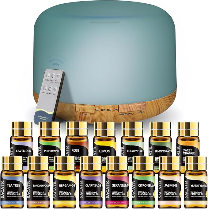 SACATR Essential Oil Diffusers for Home with 15 Oil Diffuser Sets, 500ml Aroma Diffuser for Essential Oils Large Room, Ultrasonic Cool Mist Diffuser Auto Shut-Off 4 Timers 15 Colors (15x5mL)-Ruum Studio Home