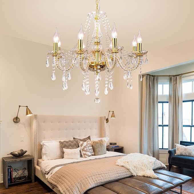 Modern Elegant 8 Lights K9 Crystal Glass Chandelier Golden Pendant Ceiling Lighting European Style for Dining Living Room Bedroom Transparent, 8 E12 Bulbs Required-Ruum Studio Home