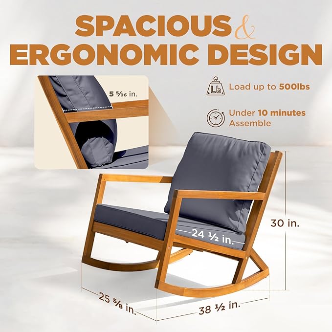 IDZO Premium Club Rocking Chair 500lbs Capacity with Inclined Backrest, Thick Foam Cushion, Solid Acacia Wood Rocker for Patio, Backyard, Balcony, Porch-Ruum Studio Home