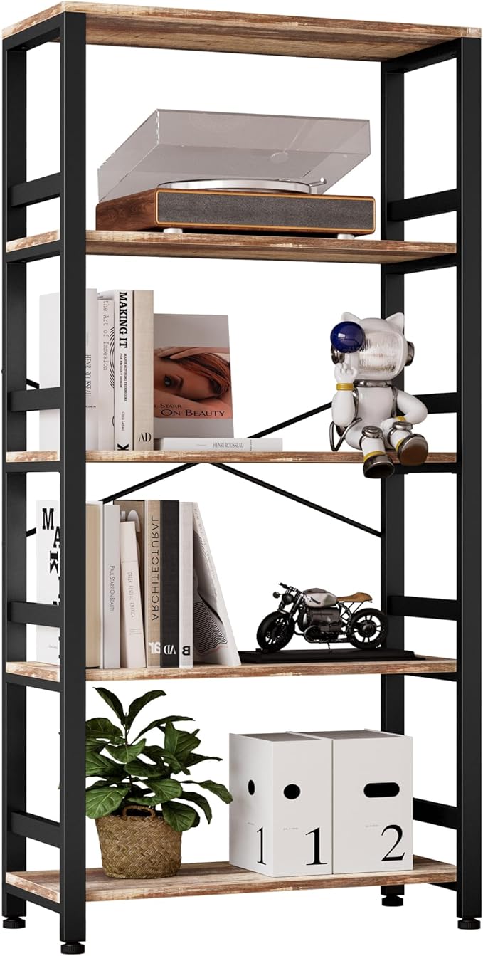 IRONCK Bookshelves and Bookcases, 31.5in Wide Shelf 5-Tier Ladder Shelf 110lbs/shelf Vintage Industrial Style Bookcase for Bedroom Living Room Home, Rustics Brown-Ruum Studio Home