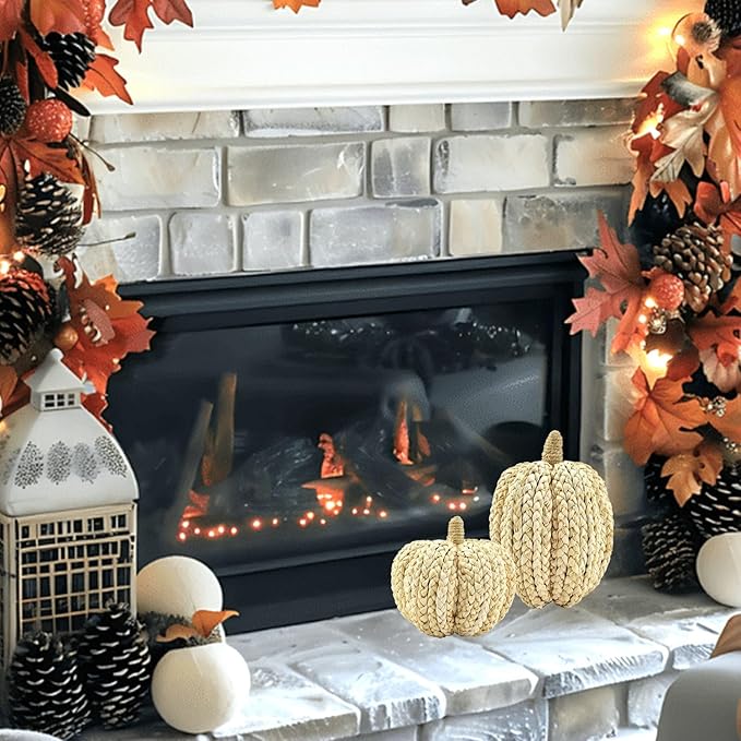 naturevibe 7.5/5.5Inches Braided Cornhusk Pumpkin Decor Set of 2 as Centerpieces for Tables,Natural Corn Stalks Woven Pumpkins for Fall Home Decor,Thanksgiving Decorations or Autumn Harvest Gifts-Ruum Studio Home