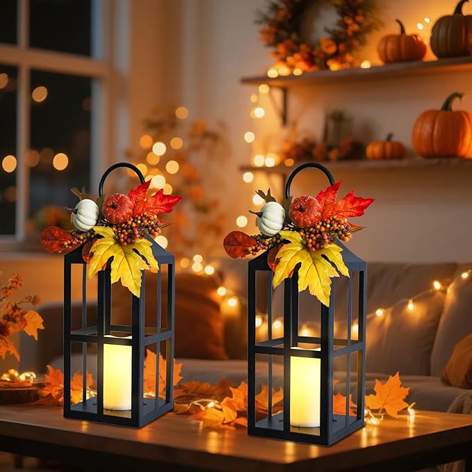 Fall Decorative Lanterns Outdoor, Waterproof 17.7" Decorative Lantern Indoor Decor Metal Hanging Candle Holder LED Flameless Candle Lantern for Patio, Porch, 2 Packs-Ruum Studio Home