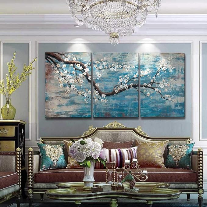 amatop Extra Large Wall Art for Living Room 100% Hand-Painted Framed Decorative Plum Floral Oil Painting Set Decorative Modern Blue Tree Artwork Ready to Hang-Ruum Studio Home