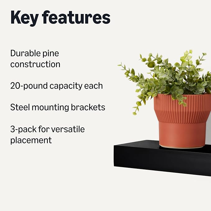 Amazon Basics Wood Floating Wall Shelves, Pack of 3, Black, 15.8" x 5" x 1.8"-Ruum Studio Home