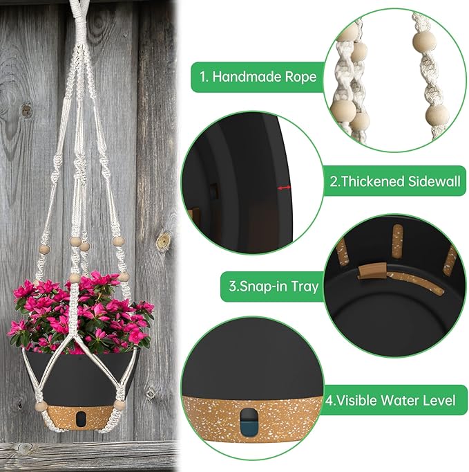 ZMTECH 2 Pack 10 Inch Hanging Planters with Macrame Plant Hanger for Indoor and Outdoor Plants, Self Watering, Drainage Hole, Visible Level Tray, Gray-Ruum Studio Home