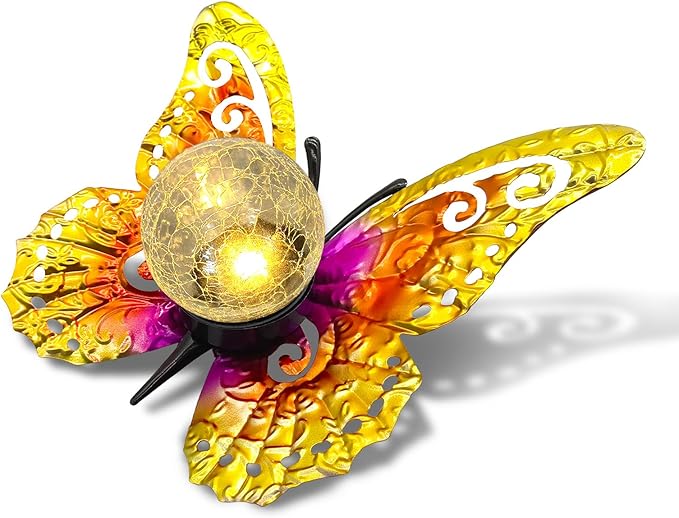 Solar Lights Outdoor Garden Butterfly Decor, Metal Butterfly Statue Decoration with LED Crackle Glass Globe, Solar Powered Lighted Garden Art Decor for Patio Lawn Yard Pathway Tabletop Ground-Ruum Studio Home