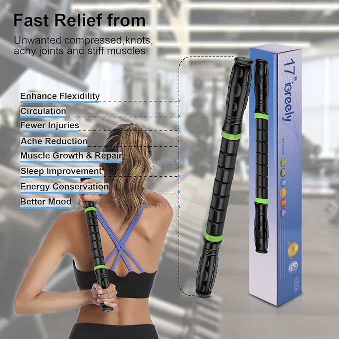 iGreely Premium Muscle Roller The Ultimate Massage Roller Stick 17 Inches Recommended by Physical Therapists Promotes Recovery Fast Relief for Cramps Soreness Tight Muscles Black-Ruum Studio Home