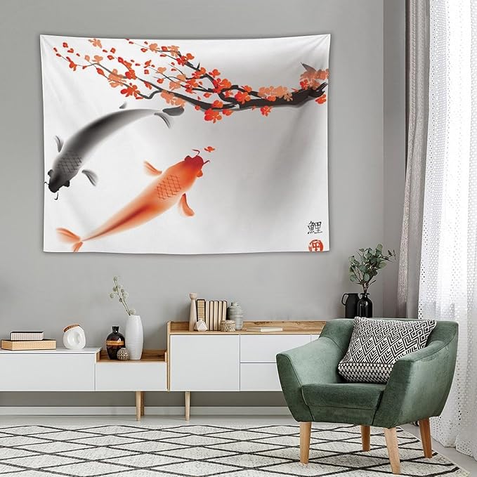 Houselerax Japanese Koi Fish Tapestry, Cherry Blossoms Asian Oriental Flower Branch Koi Fish Carp Tapestries Wall Hanging for Bedroom Living Room Office Decor 80"x60"-Ruum Studio Home