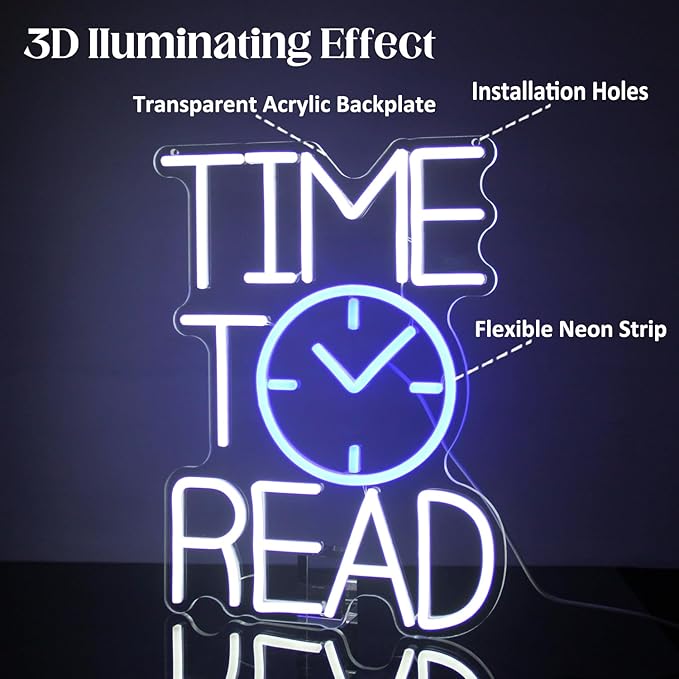 Time To Read Neon Sign Read Books Neon Light White Letter LED Signs Blue Clock Neon Read Light Up Sign for Bedroom Classroom Library Reading Corner Bookstore Decor-Ruum Studio Home