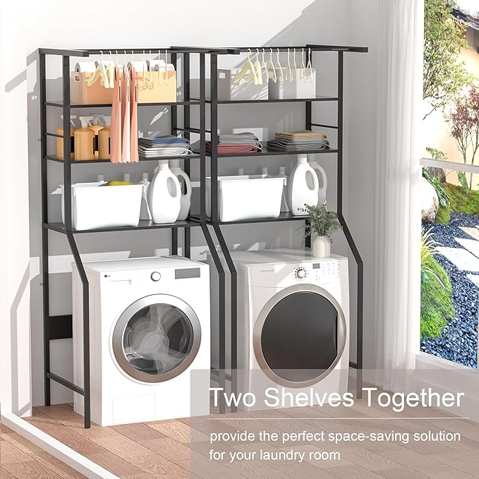Dryer Storage Shelf and Heavy Duty Over the Washer– All-Steel Laundry Room Organizer with Clothes Drying Rod, Space-Saving Shelf for Front-Load Washers and Dryers, 29.92"L x 23.65"D x 70.8"H-Ruum Studio Home