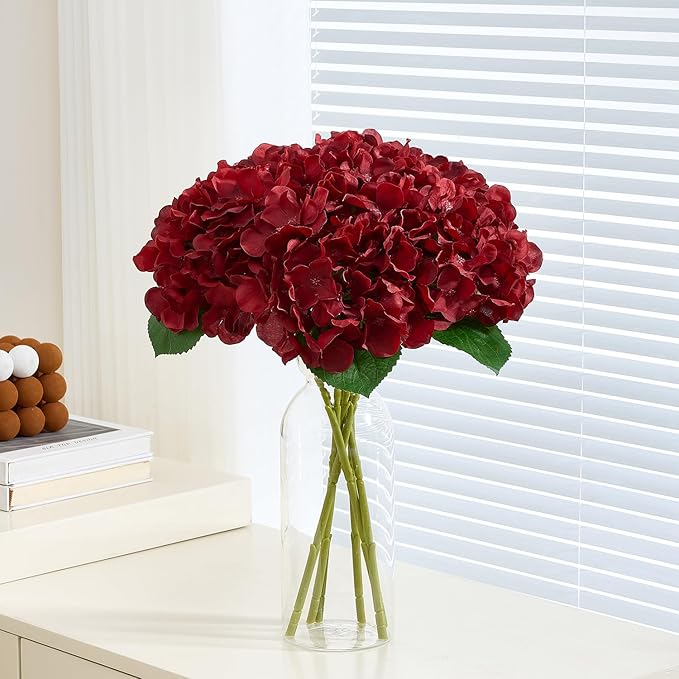8Pcs Burgundy Fake Flowers Silk Hydrangea Artificial Flowers Bouquets Faux Hydrangea Stems for Home Table Centerpieces Wedding Party Decoration-Ruum Studio Home