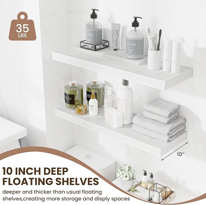 Fun Memories Floating Shelves for Wall, 32 Inch Long Floating Shelves Set of 2, 32 x 10 Wooden Shelves for Wall, Large Storage Shelves, Hanging Shelves for Bathroom Kitchen Bedroom, White-Ruum Studio Home