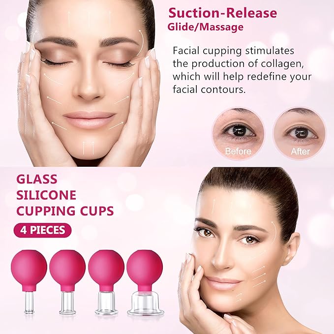 4 Size Facial Cupping Therapy Set Glass, Eye Face Vacuum Massage Anti Cellulite Cup - Silicone, for Beauty Body Cup Lymphatic Fascia Massager (Gift Box Packaging-red)-Ruum Studio Home