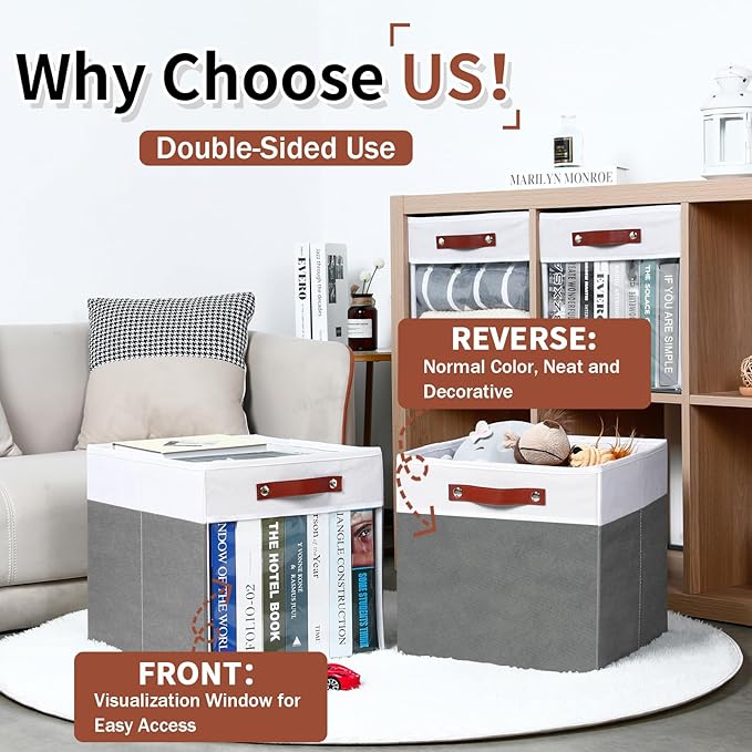 HNZIGE Fabric Cube Storage Bins - 4 Pack 13x15x13 Collapsible Storage Cubes for Organizing Shelves, Closet, Pantry - White, Gray-Ruum Studio Home