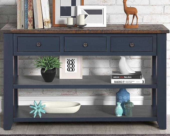 Solid Wood Console Table Sofa Table with Storage Drawers and Bottom Shelf Entryway Table for Entry Hallway Foyer Sofa Couch Table Fully Assembled (48.8" Blue)-Ruum Studio Home