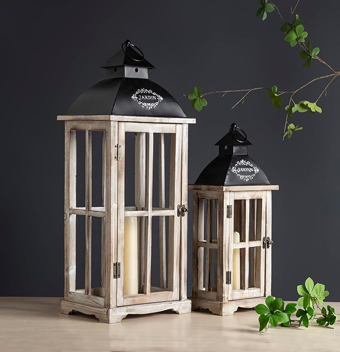 Set of 2 Large Decorative Wooden Metal Lanterns, Farmhouse Rustic Floor Candle Lanterns, Indoor/Outdoor Hanging Lanterns for Home Decor (No Glass)-Ruum Studio Home