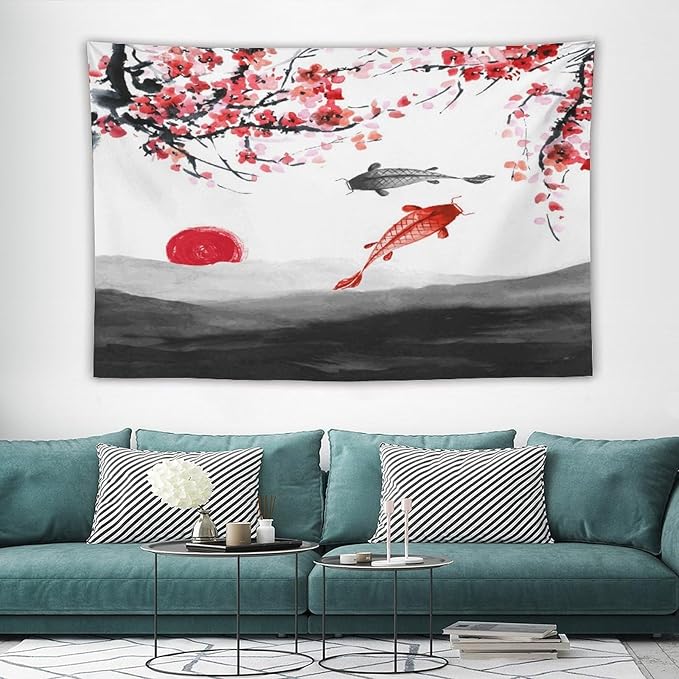 Houselerax Japanese Koi Fish Tapestries, Cherry Blossoms Asian Oriental Flower Branch Koi Fish Carp Tapestry Wall Hanging for Bedroom Living Room Office Decor 90"x60"-Ruum Studio Home